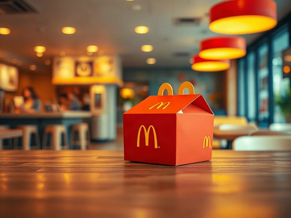 Kolorowe pudełko zestawu Happy Meal na drewnianym stole w nowoczesnej restauracji McDonald's.
