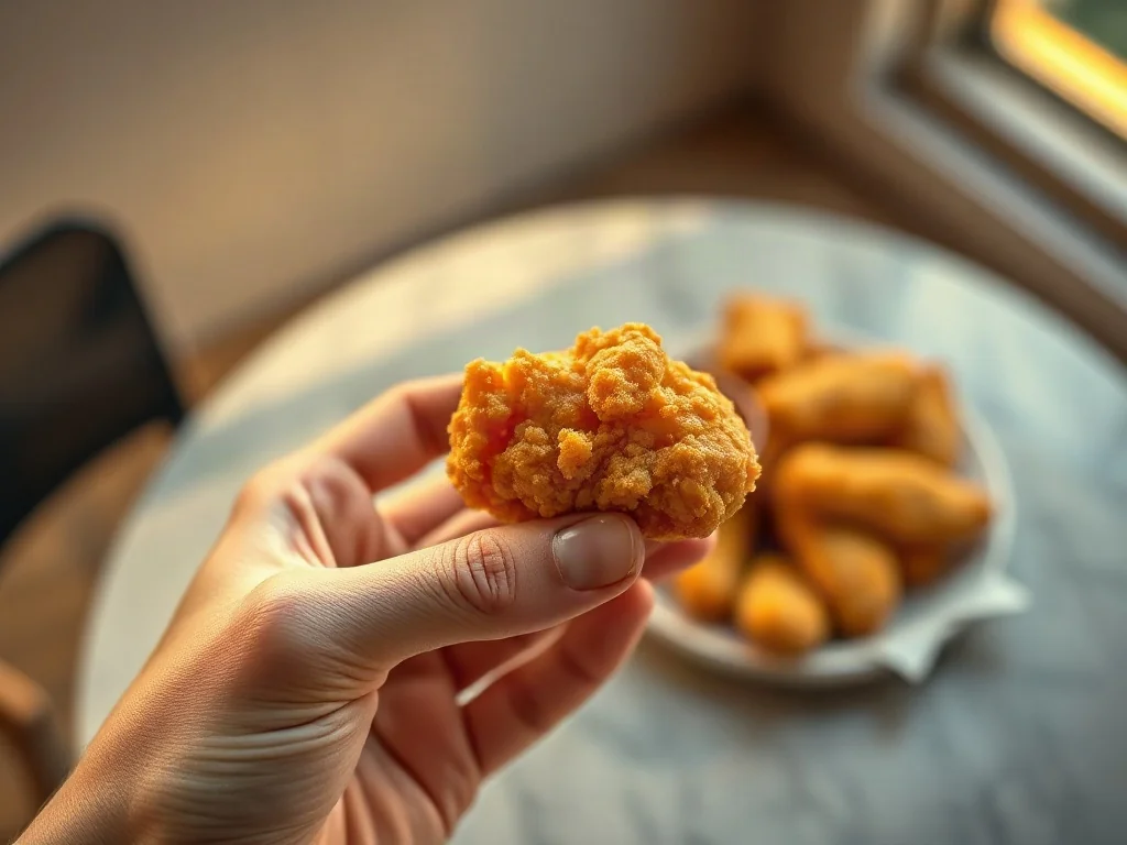 Złocisty, chrupiący nugget z kurczaka trzymany w dłoni, podany z sosem w profesjonalnej aranżacji.