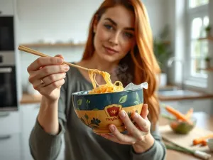 Kolorowe pudełko zestawu Happy Meal na drewnianym stole w nowoczesnej restauracji McDonald's.