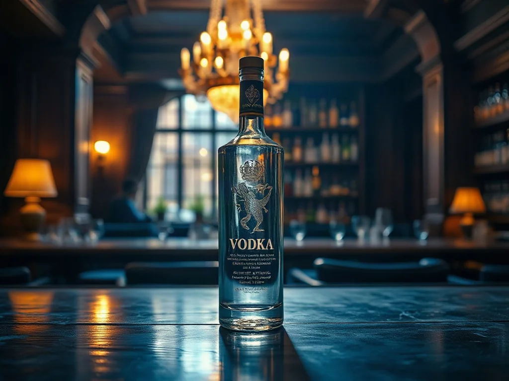 Szklana butelka wódki na ciemnym, drewnianym barze w eleganckim, nastrojowym wnętrzu.