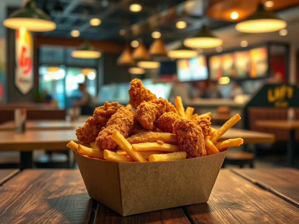 Złociste kawałki kurczaka i frytki w pudełku Chicken Box na drewnianym stole w restauracji McDonald's.