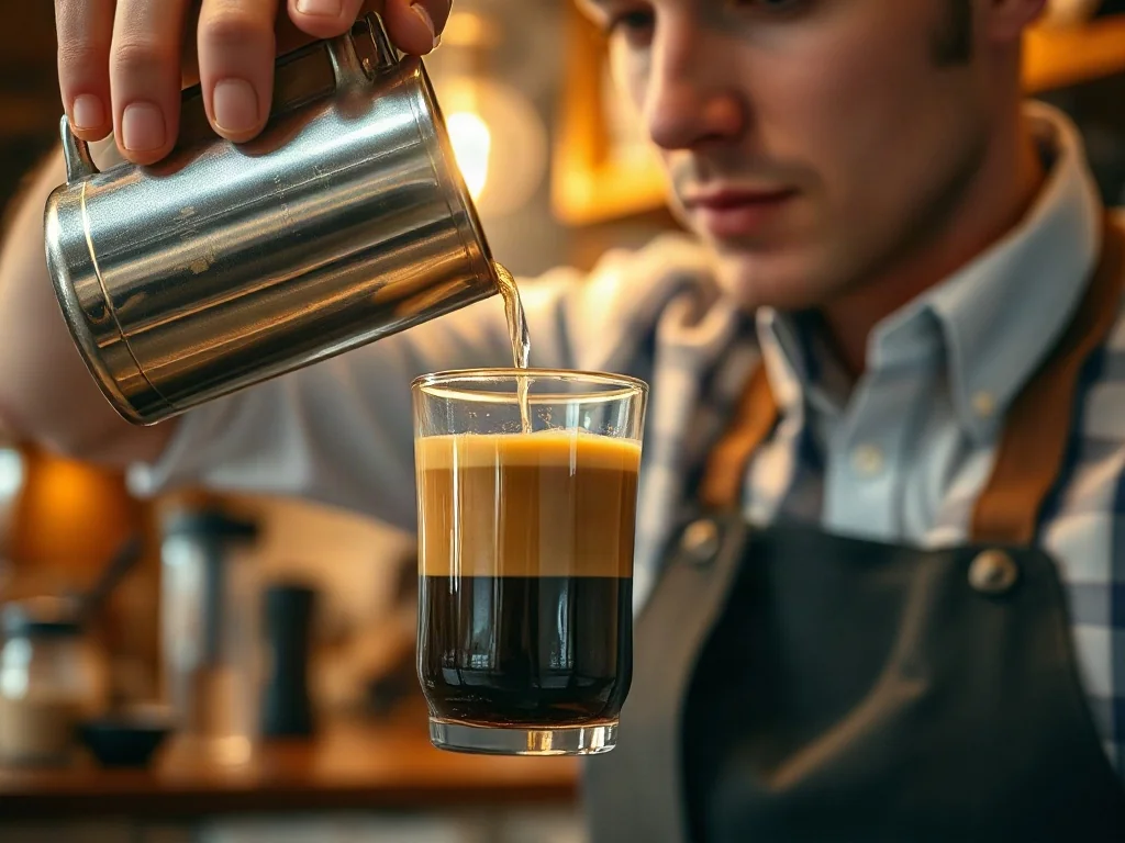 Barista wlewa gorącą wodę do espresso, tworząc kawę americano w przytulnej kawiarni.